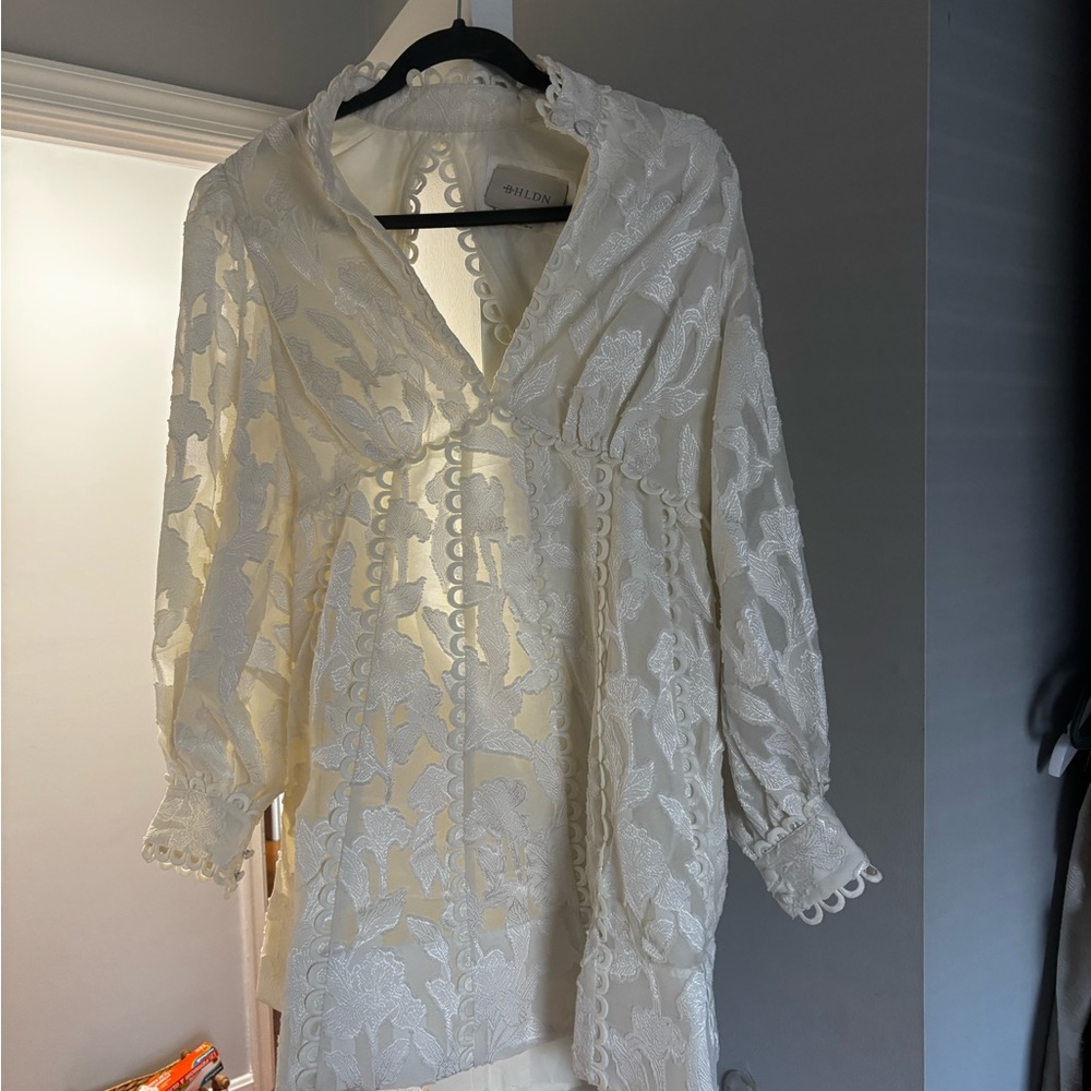 BHLDN LONG SLEEVE HIGH NECK FLORAL MINI DRESS